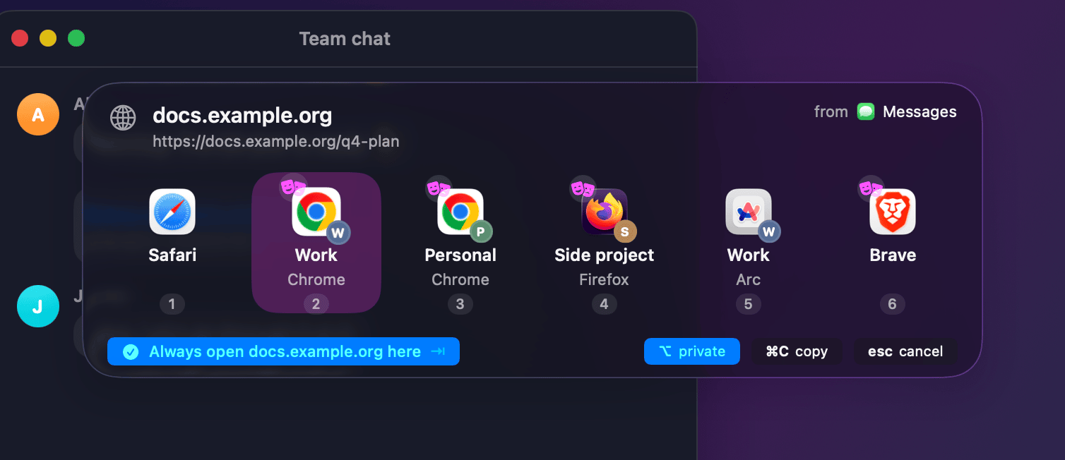 The picker: Safari, Chrome Work, Chrome Personal, Firefox Side project, Arc Work and Brave.