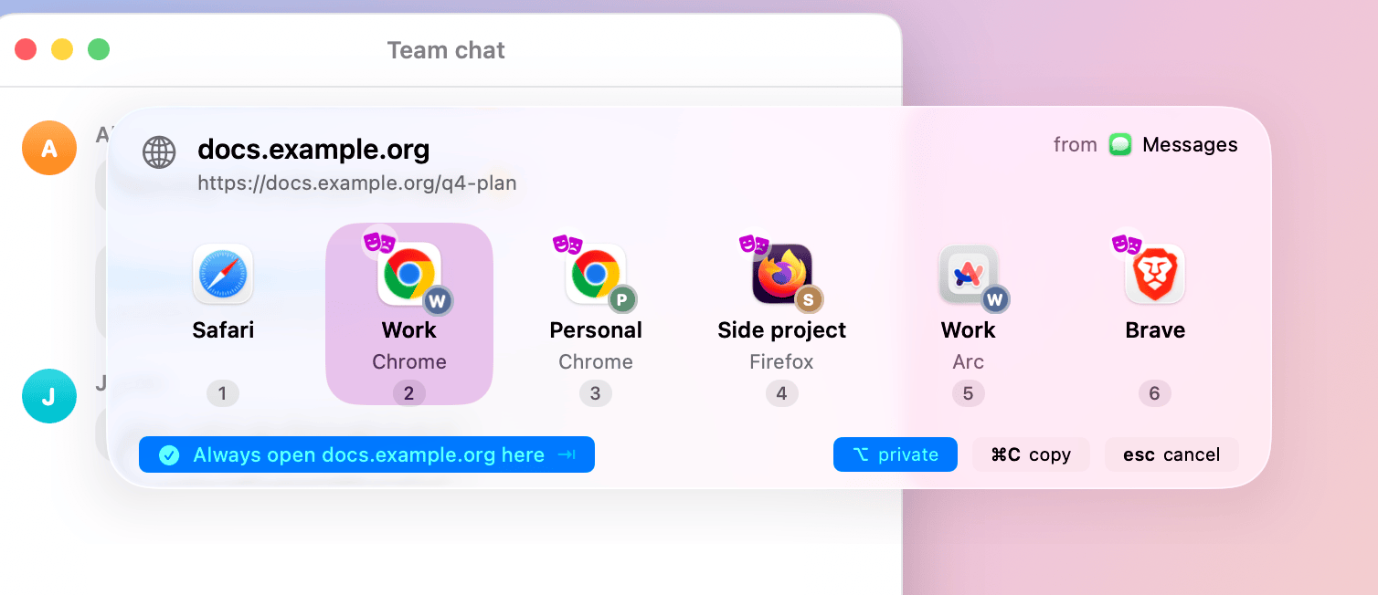 The picker: Safari, Chrome Work, Chrome Personal, Firefox Side project, Arc Work and Brave.