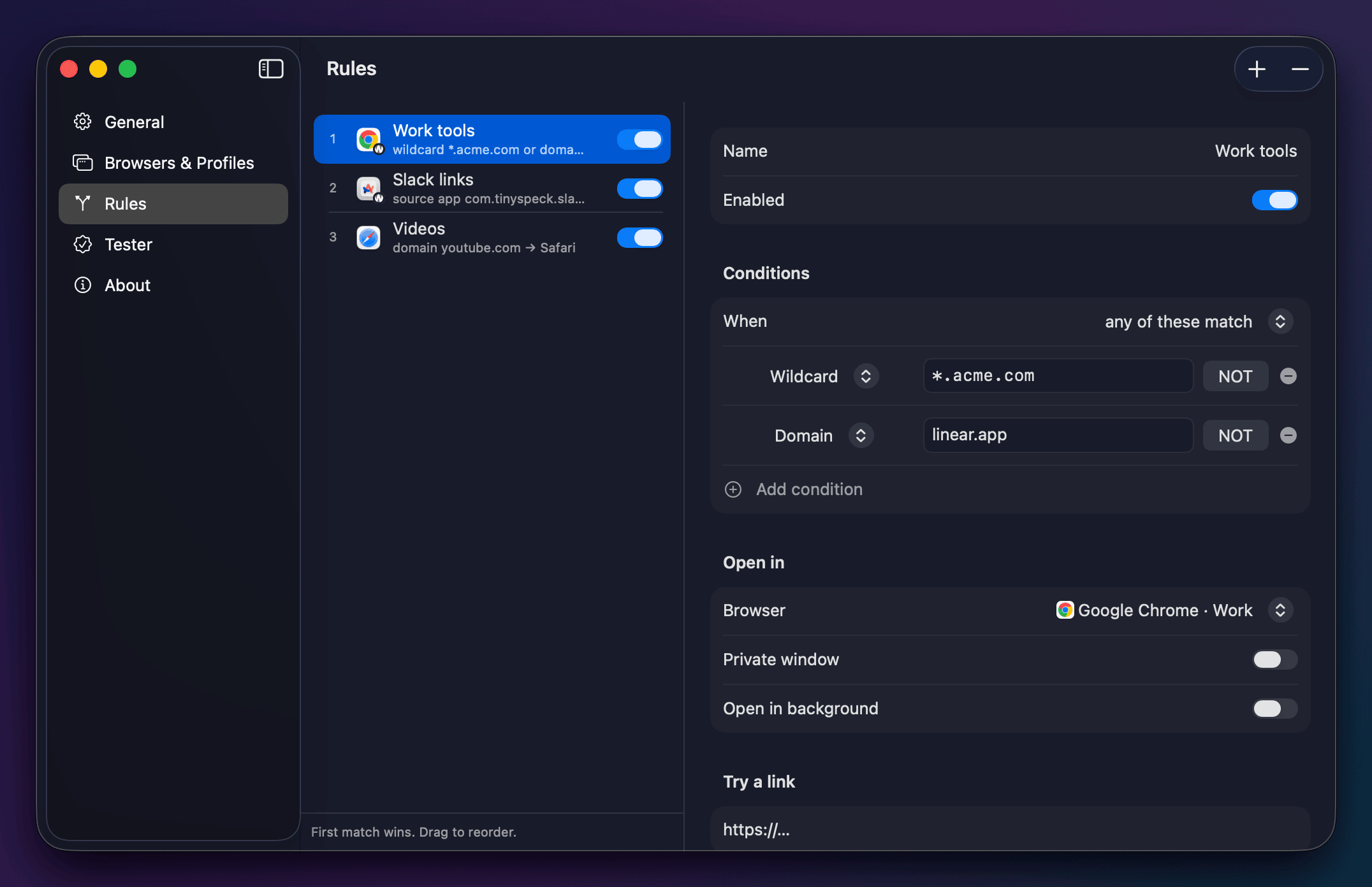 Settings, Rules: three rules and the editor for the Work tools rule.