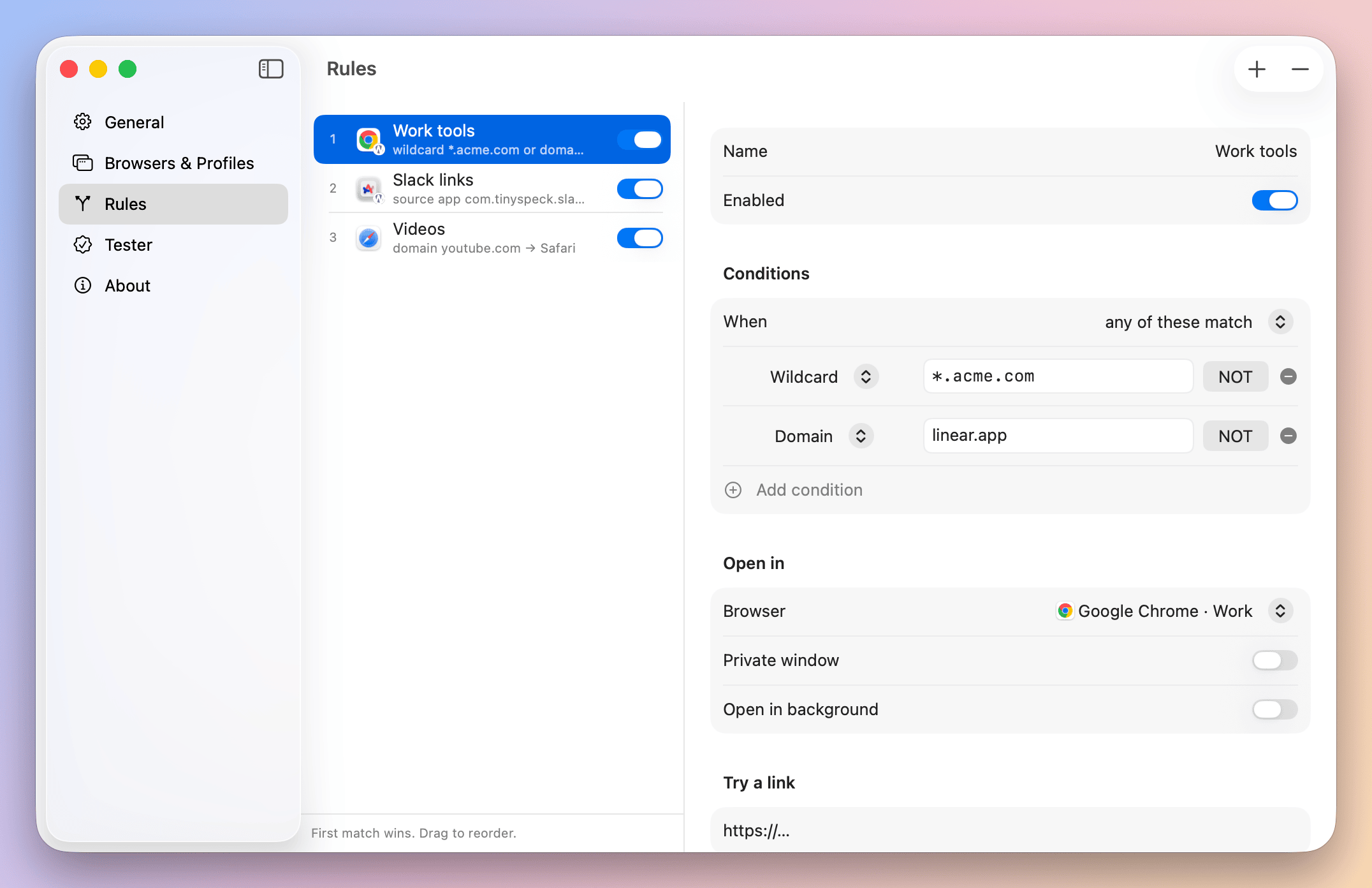 Settings, Rules: three rules and the editor for the Work tools rule.