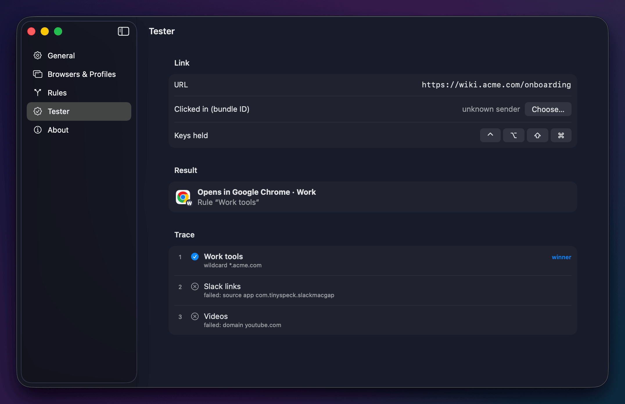 Tester: the URL wiki.acme.com opens in Chrome Work, by the rule Work tools.