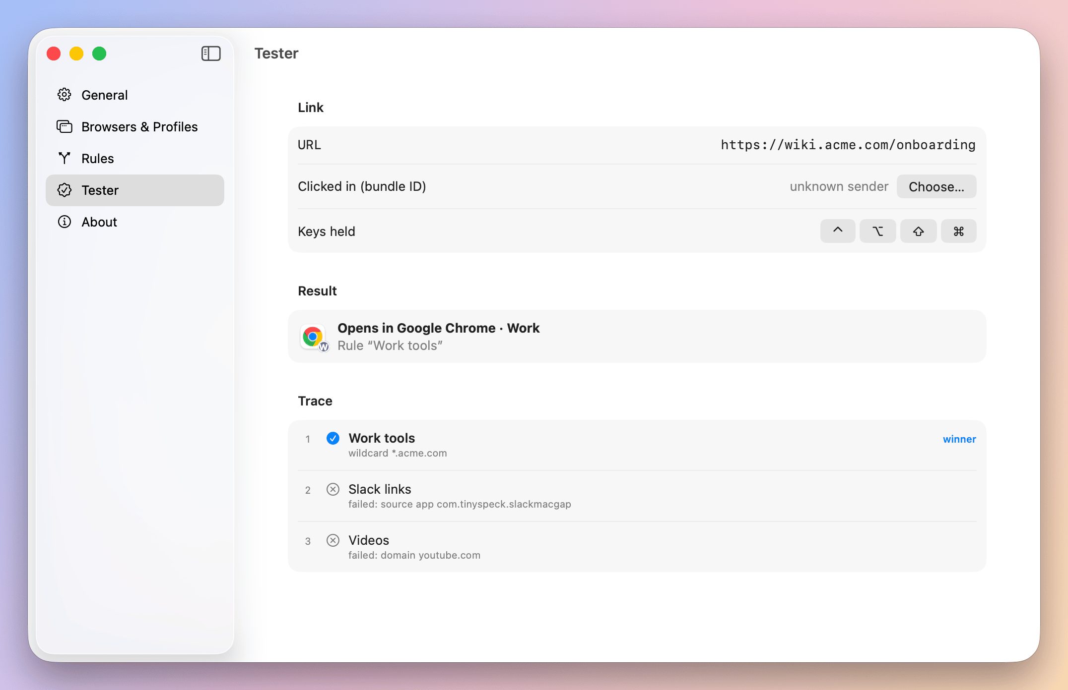 Tester: the URL wiki.acme.com opens in Chrome Work, by the rule Work tools.
