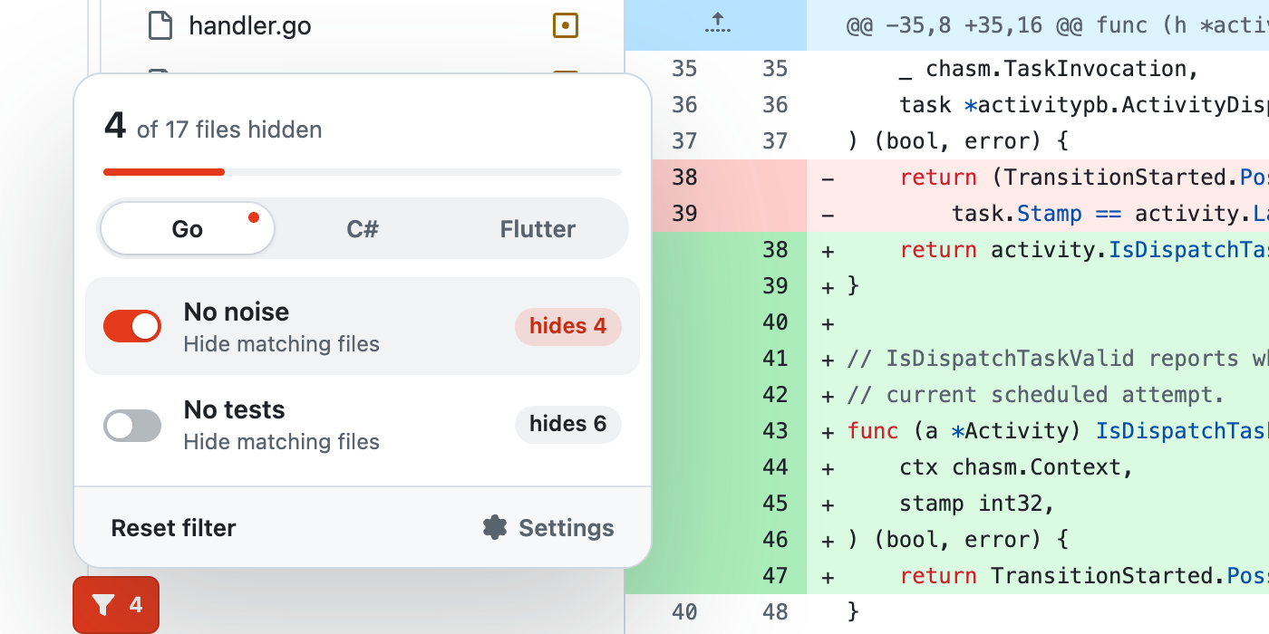 Close-up of the filter menu: No noise is on and hides 4 files, No tests would hide 6
