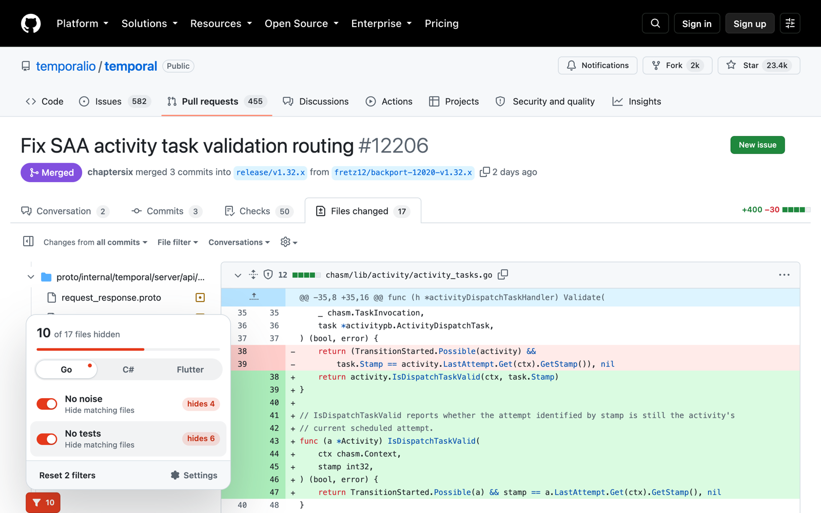 A GitHub pull request with the filter menu open: No noise and No tests are on, and 10 of 17 files are hidden