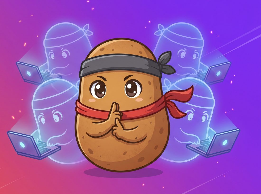 The jutsu mascot: a potato ninja making a hand sign, with four shadow clones typing on laptops behind it